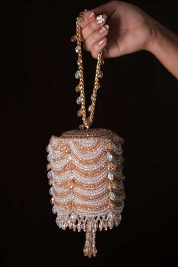 Buy_House Of Kosha_Gold Beads, Crystals, Tassels, Fringe Eva Embellished Mini Cylinder Bag _at_Aza_Fashions