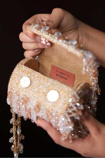Buy_House Of Kosha_Gold Beads, Crystals, Tassels, Fringe Eva Embellished Mini Cylinder Bag _Online_at_Aza_Fashions