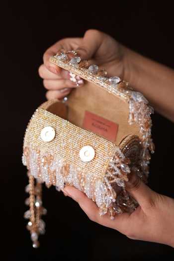 Shop_House Of Kosha_Gold Beads, Crystals, Tassels, Fringe Eva Embellished Mini Cylinder Bag _Online_at_Aza_Fashions