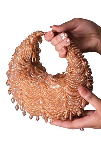 House Of Kosha_Gold Beads, Crystals Liona Embellished Hobo Bag _Online_at_Aza_Fashions