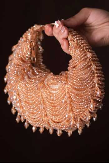 Shop_House Of Kosha_Gold Beads, Crystals Liona Embellished Hobo Bag _at_Aza_Fashions