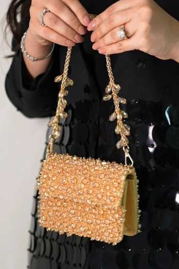 Shop_House Of Kosha_Gold Crystals Kiyara Suede Embellished Mini Handbag _at_Aza_Fashions