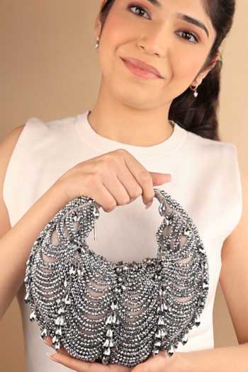 Shop_House Of Kosha_Grey Beads, Crystals Liona Embellished Hobo Bag _at_Aza_Fashions