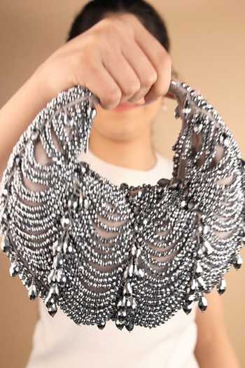 House Of Kosha_Grey Beads, Crystals Liona Embellished Hobo Bag _Online_at_Aza_Fashions
