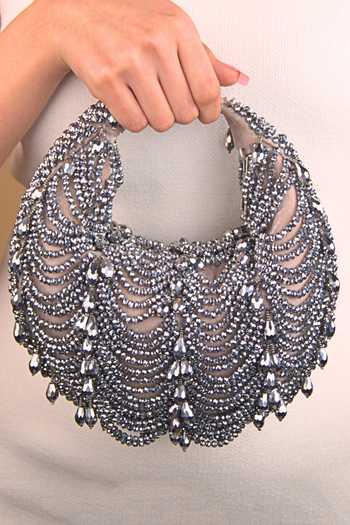 Buy_House Of Kosha_Grey Beads, Crystals Liona Embellished Hobo Bag _Online_at_Aza_Fashions