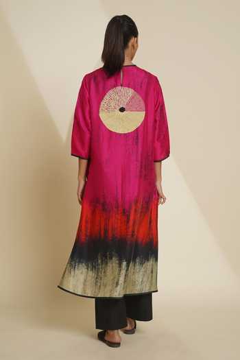 Shop_Taika By Poonam Bhagat_Pink Silk Embroidery Round Neck Hand Printed Kurta And Pant Set _at_Aza_Fashions