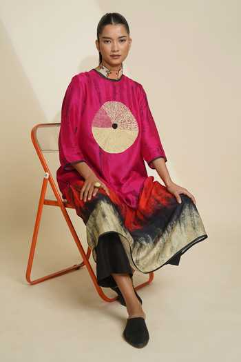 Shop_Taika By Poonam Bhagat_Pink Silk Embroidery Round Neck Hand Printed Kurta And Pant Set _Online_at_Aza_Fashions