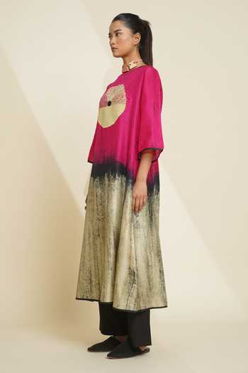 Buy_Taika By Poonam Bhagat_Multi Color Silk Embroidery Round Neck Blended Kurta And Pant Set _Online_at_Aza_Fashions