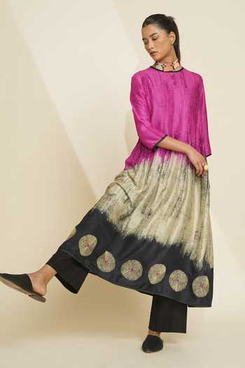 Shop_Taika By Poonam Bhagat_Pink Silk Embroidery Round Neck Printed Kurta And Pant Set _Online_at_Aza_Fashions