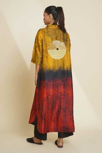 Shop_Taika By Poonam Bhagat_Black Silk Embroidery Mandarin Collar, Yes Printed Kurta And Pant Set _at_Aza_Fashions