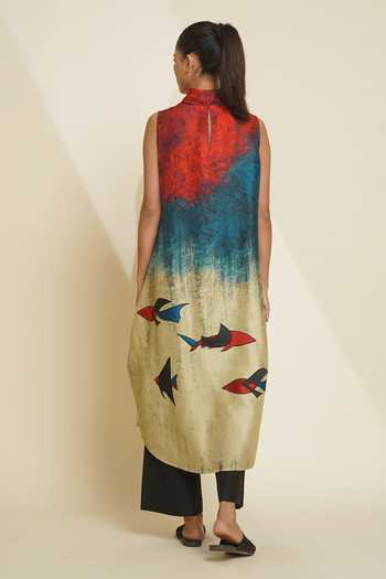Shop_Taika By Poonam Bhagat_Blue Silk Embroidery Mandarin Collar, Yes Printed Kurta And Pant Set _at_Aza_Fashions