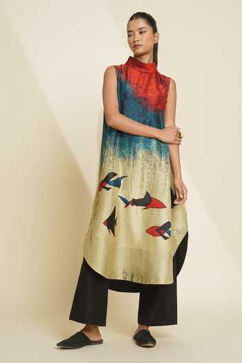Buy_Taika By Poonam Bhagat_Blue Silk Embroidery Mandarin Collar, Yes Printed Kurta And Pant Set _at_Aza_Fashions