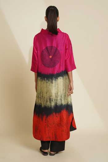 Shop_Taika By Poonam Bhagat_Pink Silk Embroidery Shawl Neck Printed Blended Kurta And Pant Set _at_Aza_Fashions