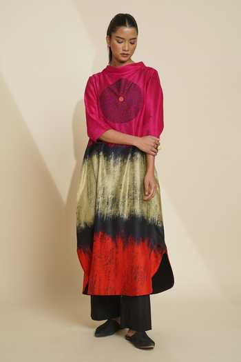 Shop_Taika By Poonam Bhagat_Pink Silk Embroidery Shawl Neck Printed Blended Kurta And Pant Set _Online_at_Aza_Fashions