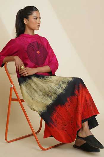 Taika By Poonam Bhagat_Pink Silk Embroidery Shawl Neck Printed Blended Kurta And Pant Set _Online