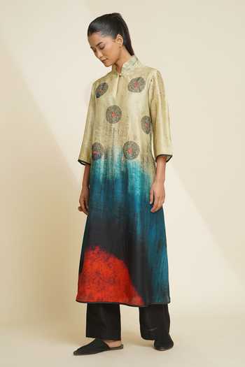 Shop_Taika By Poonam Bhagat_Black Silk Embroidery Mandarin Collar, Yes Hand Printed Kurta And Pant Set _Online_at_Aza_Fashions