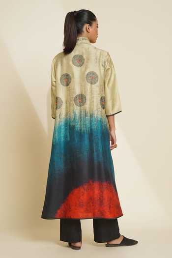 Shop_Taika By Poonam Bhagat_Black Silk Embroidery Mandarin Collar, Yes Hand Printed Kurta And Pant Set _at_Aza_Fashions