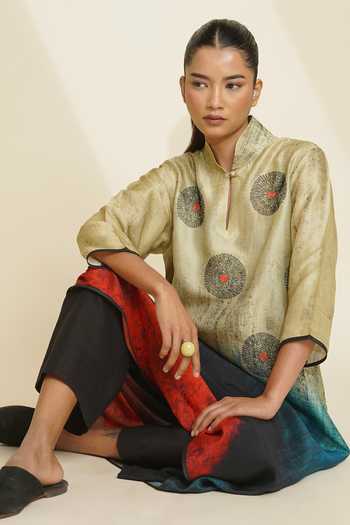 Buy_Taika By Poonam Bhagat_Black Silk Embroidery Mandarin Collar, Yes Hand Printed Kurta And Pant Set 