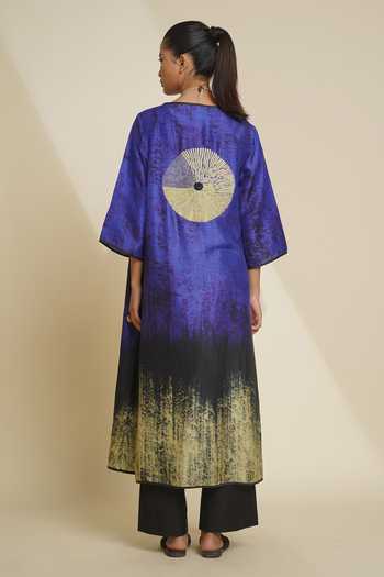 Shop_Taika By Poonam Bhagat_Black Silk Embroidery Round Neck Printed Blended Kurta And Pant Set _at_Aza_Fashions