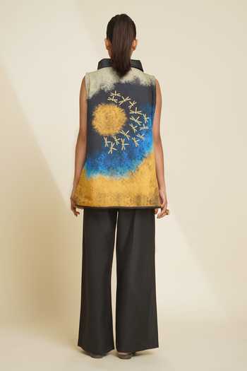 Shop_Taika By Poonam Bhagat_Blue Silk Embroidery High Neck Printed Blended Top And Pant Set _at_Aza_Fashions