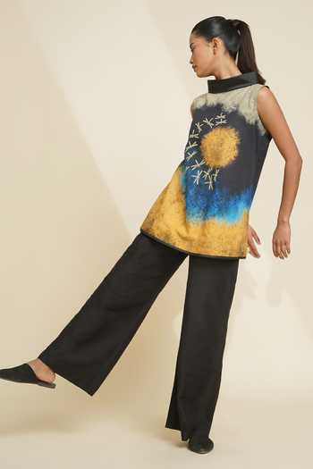 Taika By Poonam Bhagat_Blue Silk Embroidery High Neck Printed Blended Top And Pant Set _Online_at_Aza_Fashions