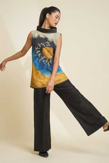 Buy_Taika By Poonam Bhagat_Blue Silk Embroidery High Neck Printed Blended Top And Pant Set _Online_at_Aza_Fashions