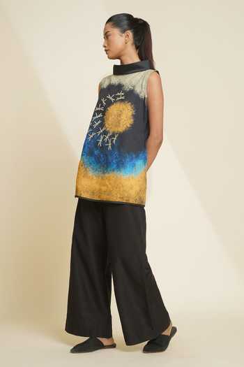 Shop_Taika By Poonam Bhagat_Blue Silk Embroidery High Neck Printed Blended Top And Pant Set _Online_at_Aza_Fashions