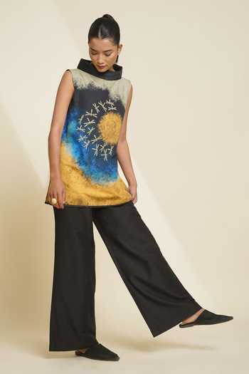 Taika By Poonam Bhagat_Blue Silk Embroidery High Neck Printed Blended Top And Pant Set _at_Aza_Fashions