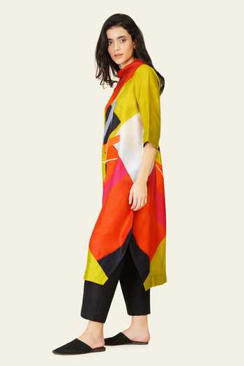 Taika By Poonam Bhagat_Multi Color Silk Embroidery High Neck, Yes Hand Printed Tunic _Online_at_Aza_Fashions
