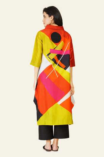 Shop_Taika By Poonam Bhagat_Multi Color Silk Embroidery High Neck, Yes Hand Printed Tunic _at_Aza_Fashions