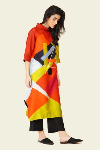 Buy_Taika By Poonam Bhagat_Multi Color Silk Embroidery High Neck, Yes Hand Printed Tunic _Online_at_Aza_Fashions