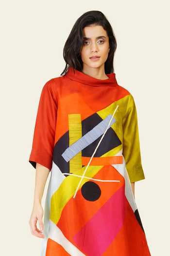 Shop_Taika By Poonam Bhagat_Multi Color Silk Embroidery High Neck, Yes Hand Printed Tunic _Online_at_Aza_Fashions