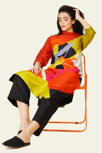 Taika By Poonam Bhagat_Multi Color Silk Embroidery High Neck, Yes Hand Printed Tunic _at_Aza_Fashions