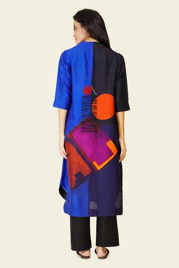 Shop_Taika By Poonam Bhagat_Blue Silk Embroidery Mandarin Collar, Yes Hand Printed Kurta _at_Aza_Fashions
