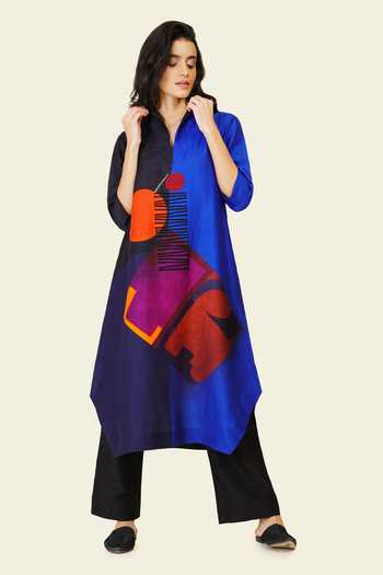 Shop_Taika By Poonam Bhagat_Blue Silk Embroidery Mandarin Collar, Yes Hand Printed Kurta _Online_at_Aza_Fashions