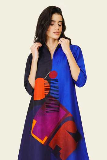 Taika By Poonam Bhagat_Blue Silk Embroidery Mandarin Collar, Yes Hand Printed Kurta _at_Aza_Fashions