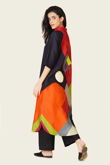 Buy_Taika By Poonam Bhagat_Multi Color Silk Embroidery Mandarin Collar, Yes Hand And Printed Kurta _Online_at_Aza_Fashions