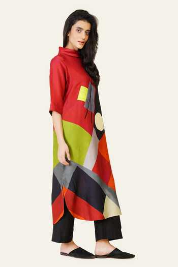 Shop_Taika By Poonam Bhagat_Multi Color Silk Embroidery Mandarin Collar, Yes Hand And Printed Kurta _Online_at_Aza_Fashions