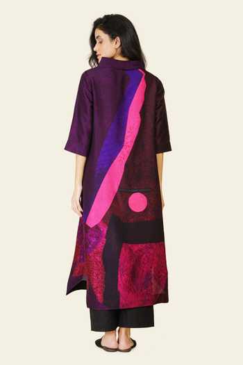 Shop_Taika By Poonam Bhagat_Pink Silk Embroidery High Neck Hand And Printed Kurta _at_Aza_Fashions