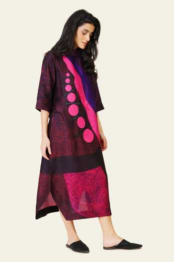 Buy_Taika By Poonam Bhagat_Pink Silk Embroidery High Neck Hand And Printed Kurta _Online_at_Aza_Fashions