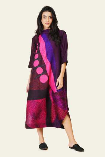 Shop_Taika By Poonam Bhagat_Pink Silk Embroidery High Neck Hand And Printed Kurta _Online_at_Aza_Fashions