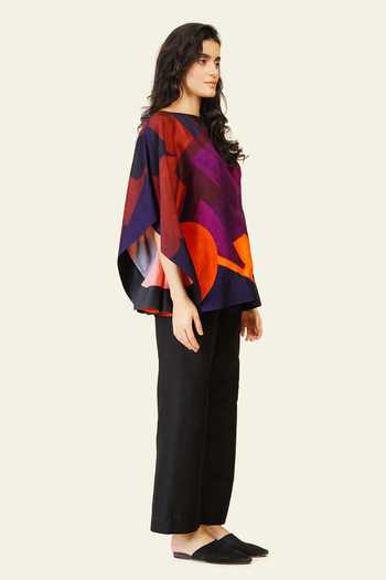 Taika By Poonam Bhagat_Multi Color Silk Embroidery Boat Neck Hand And Printed Top _Online_at_Aza_Fashions