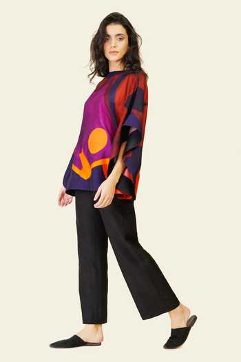Buy_Taika By Poonam Bhagat_Multi Color Silk Embroidery Boat Neck Hand And Printed Top _Online_at_Aza_Fashions