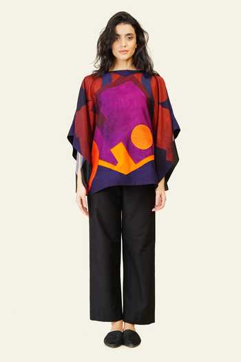 Shop_Taika By Poonam Bhagat_Multi Color Silk Embroidery Boat Neck Hand And Printed Top _at_Aza_Fashions