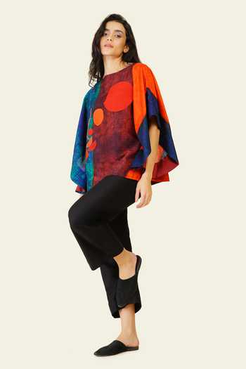 Taika By Poonam Bhagat_Multi Color Silk Embroidery Boat Neck Hand Print Blended Top _Online_at_Aza_Fashions
