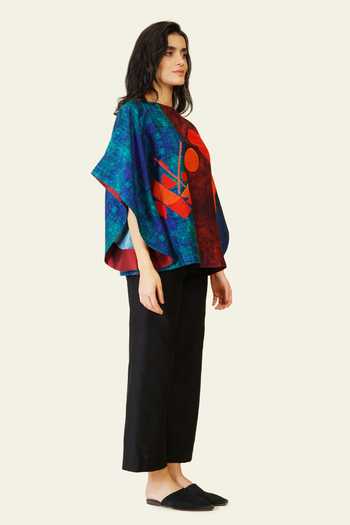 Buy_Taika By Poonam Bhagat_Multi Color Silk Embroidery Boat Neck Hand Print Blended Top _Online_at_Aza_Fashions