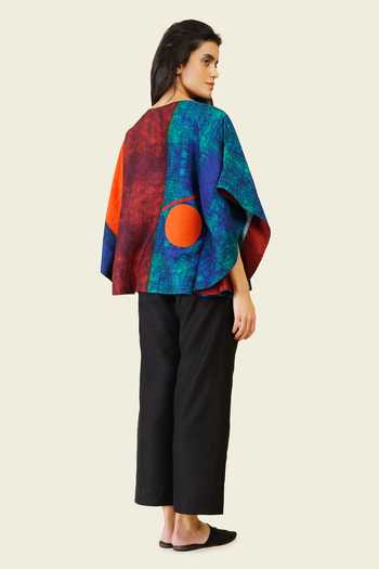 Shop_Taika By Poonam Bhagat_Multi Color Silk Embroidery Boat Neck Hand Print Blended Top _at_Aza_Fashions