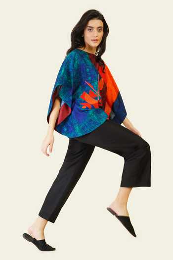 Shop_Taika By Poonam Bhagat_Multi Color Silk Embroidery Boat Neck Hand Print Blended Top _Online_at_Aza_Fashions