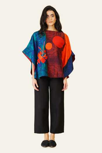 Taika By Poonam Bhagat_Multi Color Silk Embroidery Boat Neck Hand Print Blended Top _at_Aza_Fashions