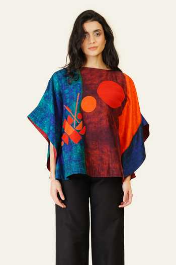 Buy_Taika By Poonam Bhagat_Multi Color Silk Embroidery Boat Neck Hand Print Blended Top _at_Aza_Fashions